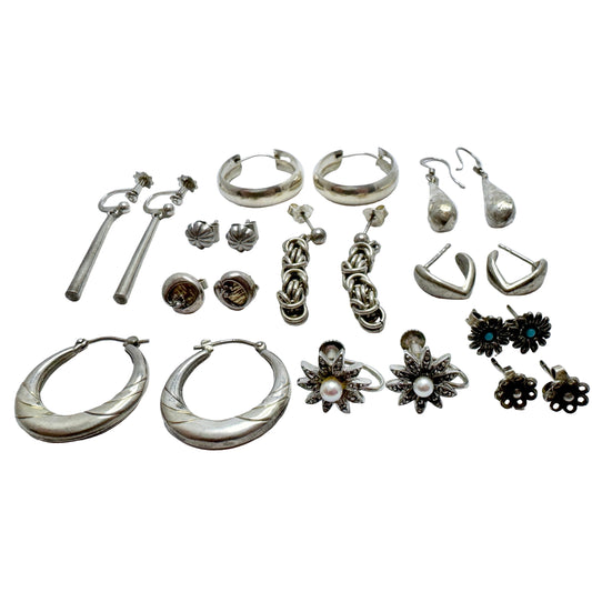 Job Lot. Vintage Solid Silver Earrings. 12 Pair.