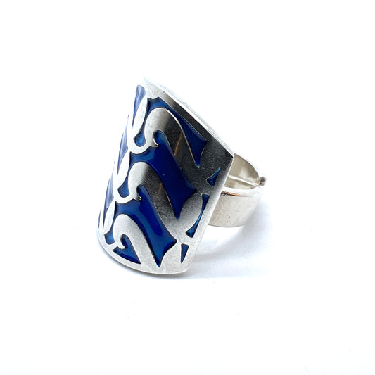 David Andersen, Norway. Bold Vintage Sterling Silver Blue Enamel Adjustable Size Ring.