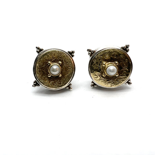 Greece, Vintage Sterling Silver Pearl Earrings.