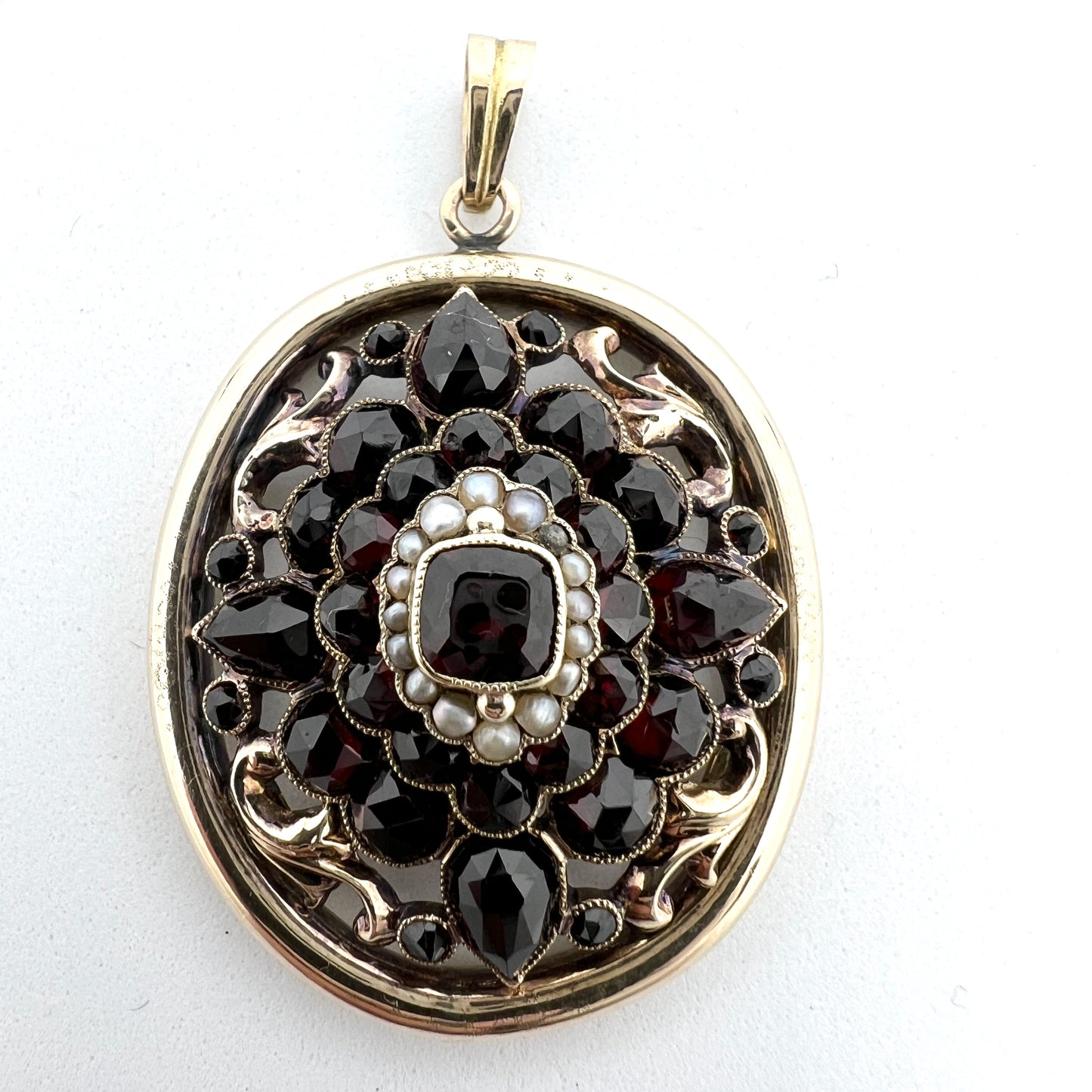 Antique c year 1900. 14k Gold Garnet Seed Pearl Pendant.