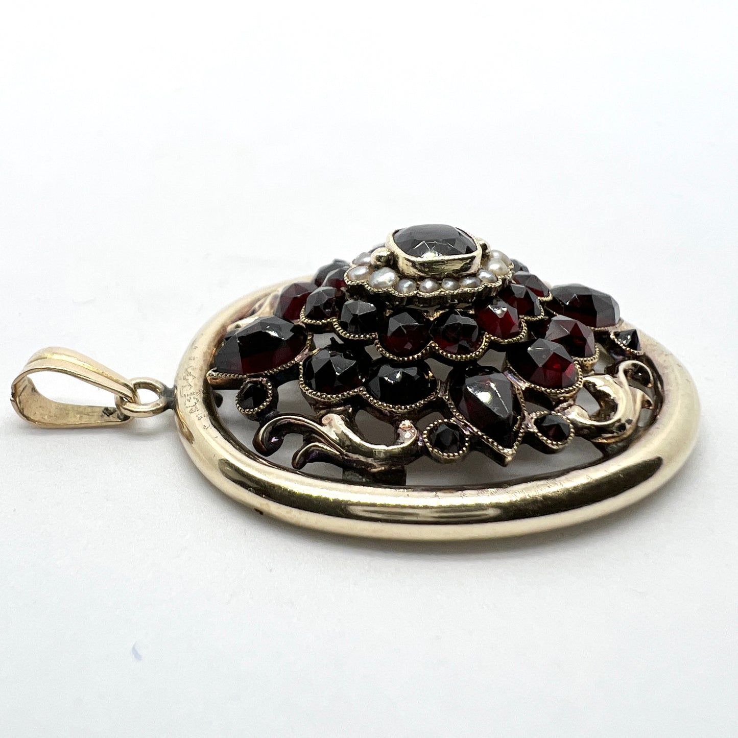 Antique c year 1900. 14k Gold Garnet Seed Pearl Pendant.