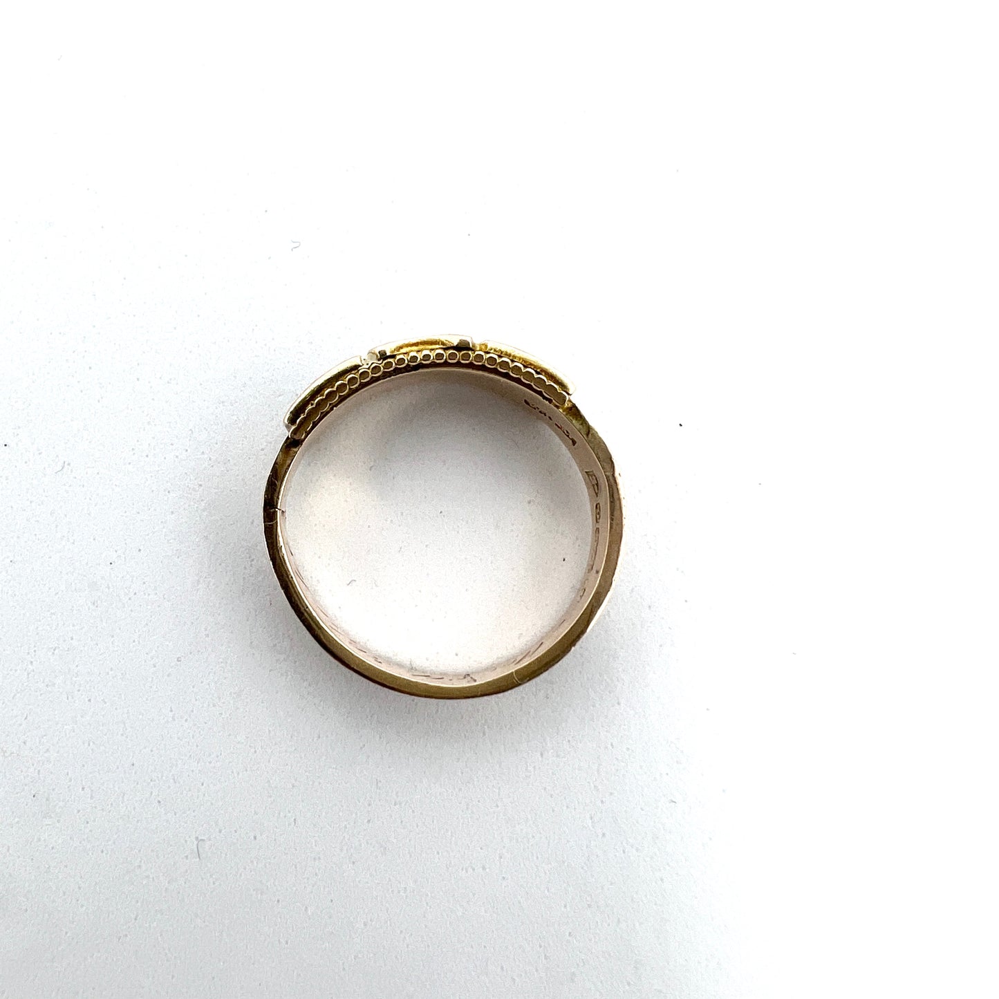 Chester year 1909. Antique 9k Gold Enamel Seed Pearl Mourning Ring.