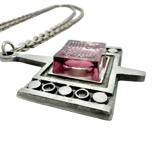 TYR, Sweden 1970s. Vintage Modernist Pewter Resin Pendant Necklace.