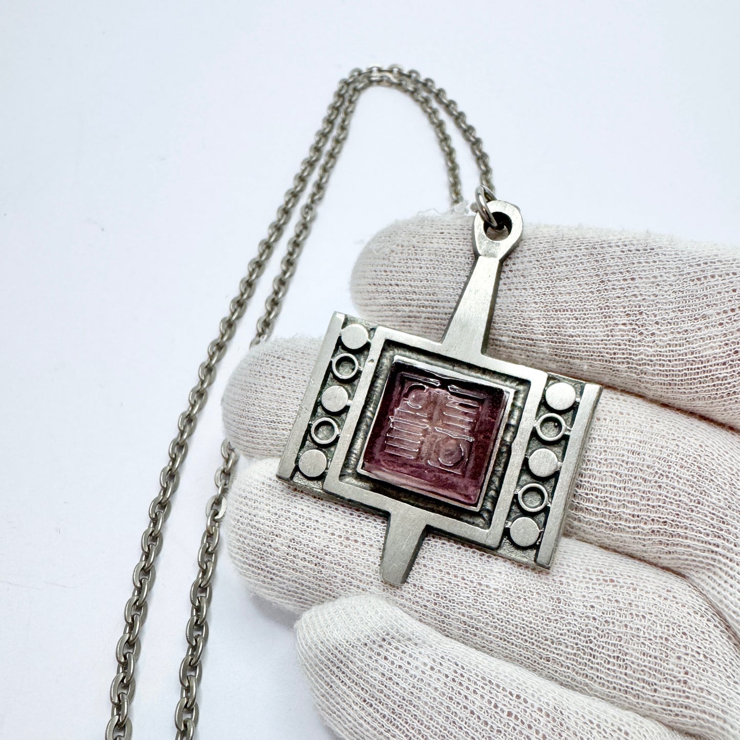 TYR, Sweden 1970s. Vintage Modernist Pewter Resin Pendant Necklace.