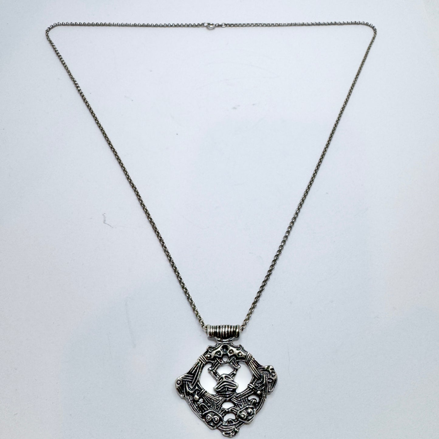 Bo Franzen, Sweden 1977. Vintage Sterling Silver Viking Copy Pendant Long Chain Necklace.