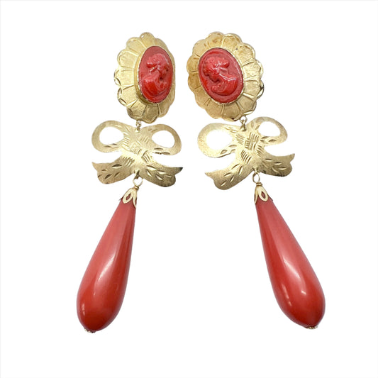 Large Vintage 18k Gold Coral Earrings.