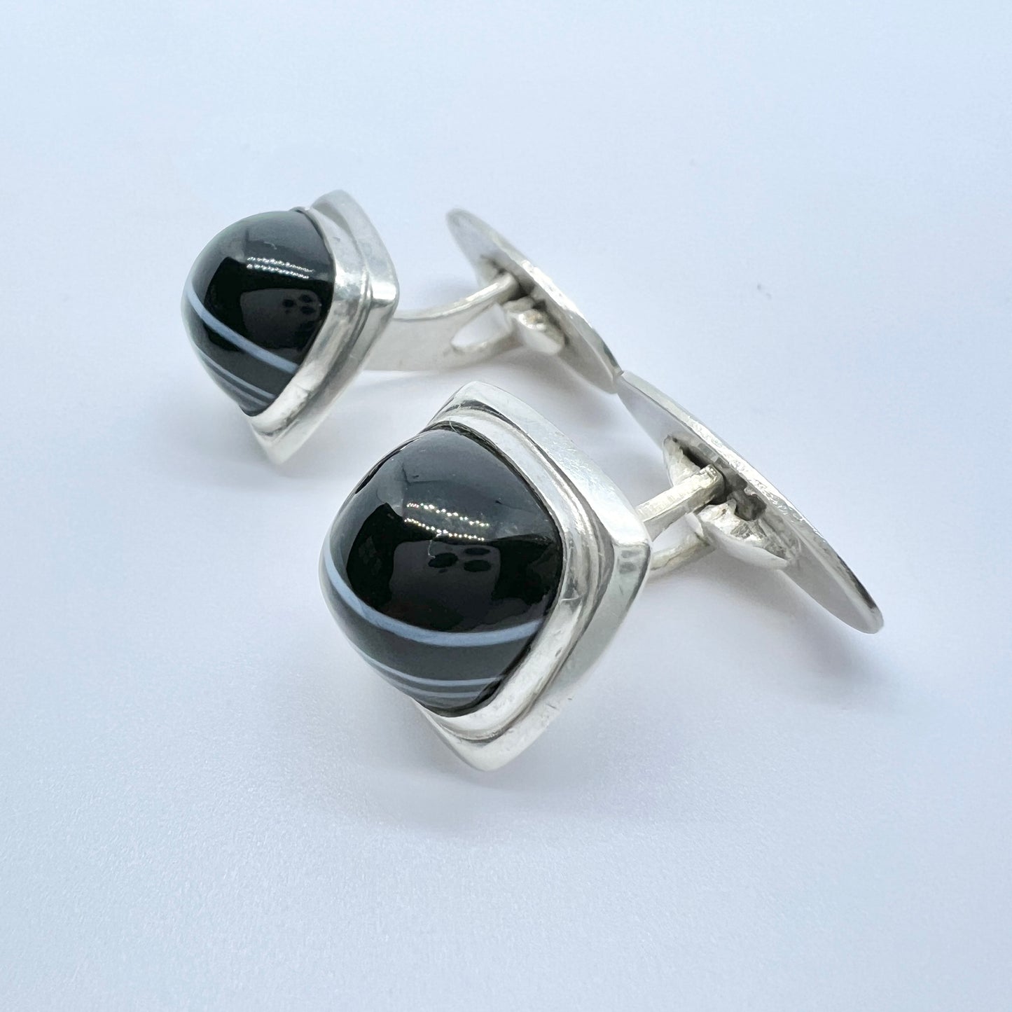 Victor Janson, Sweden 1962. Vintage Solid Silver banded Agate Cufflinks.