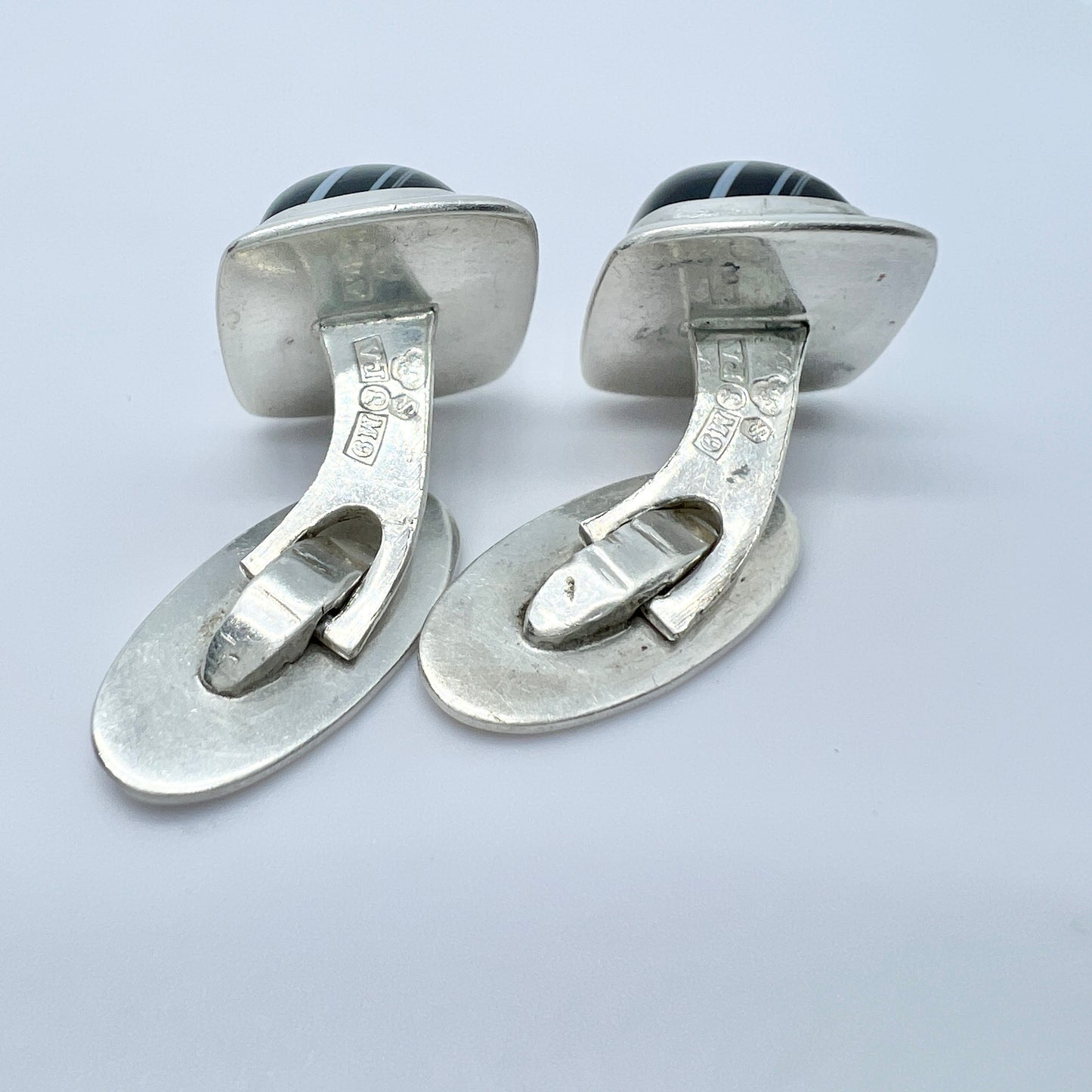 Victor Janson, Sweden 1962. Vintage Solid Silver banded Agate Cufflinks.