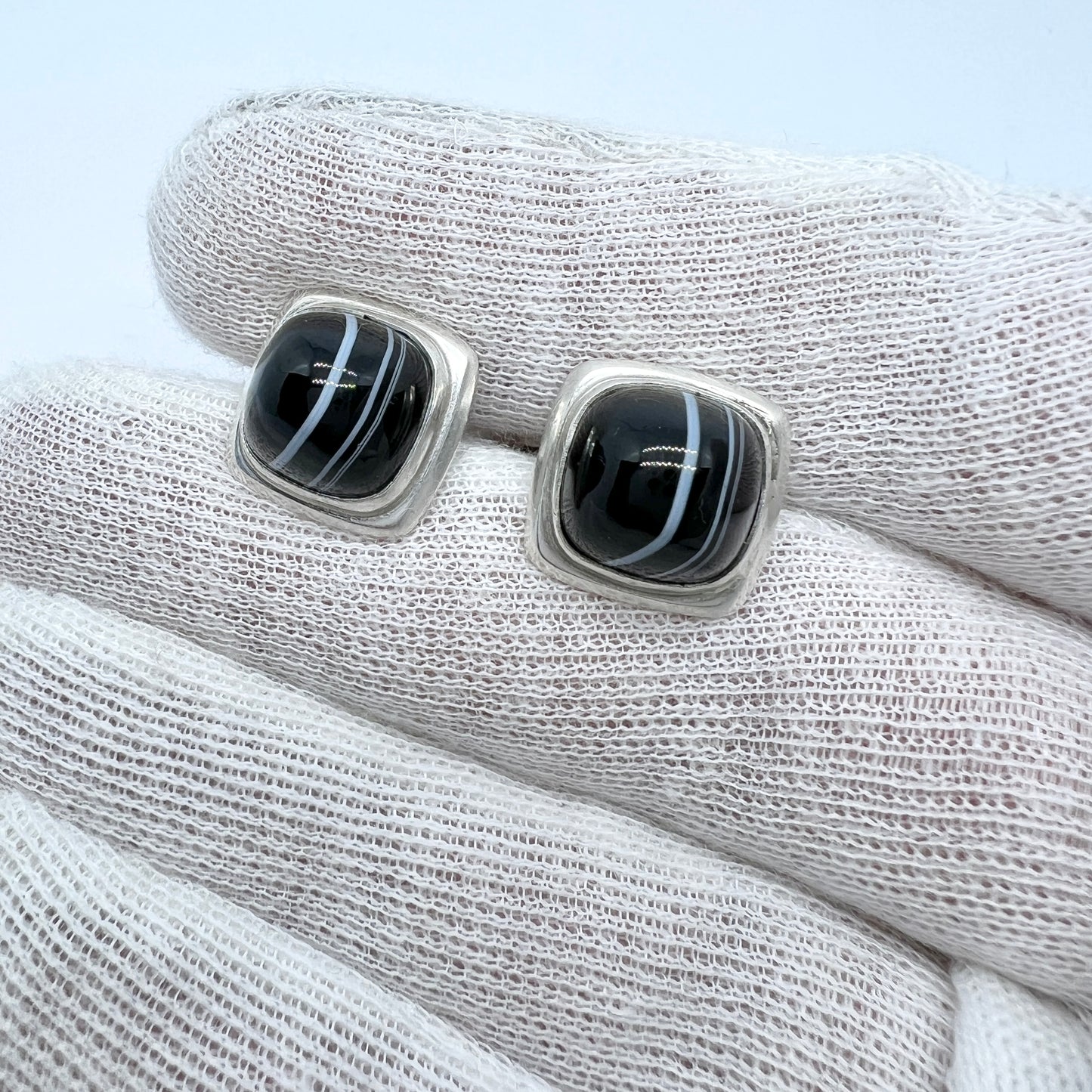 Victor Janson, Sweden 1962. Vintage Solid Silver banded Agate Cufflinks.