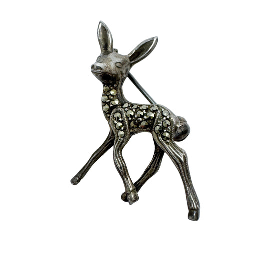Sweden 1940s. Vintage Solid Silver Marcasite Bambi Deer Brooch.