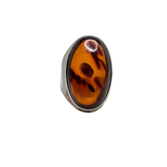 Vintage Solid 830 Silver Amber Ring.