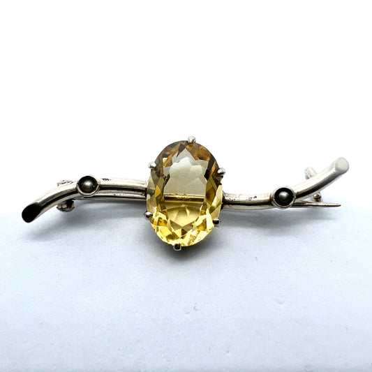 Sweden, early 1900s. Antique Solid Silver Citrine Seed Pearl Brooch.