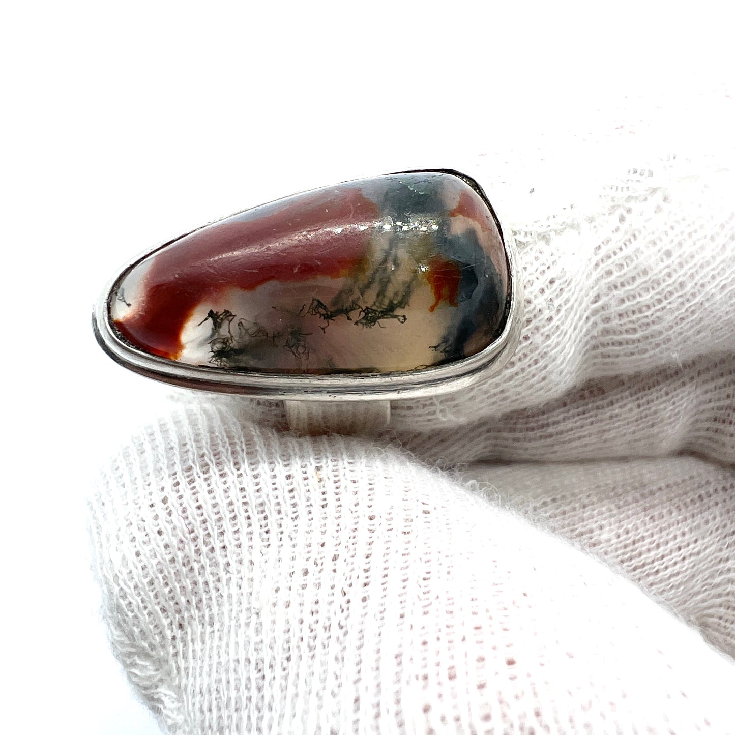 Sweden, Vintage 1950-60s Bold Solid 835 Silver Moss Agate Ring.