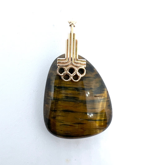 Moscow 1980 Summer Olympics 14k Gold Tiger's Eye Pendant.