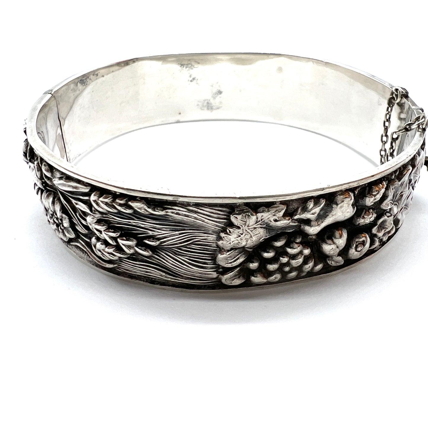 Portugal 1940s Mid Century 833 Silver Hinged  Flower Bangle Bracelet.