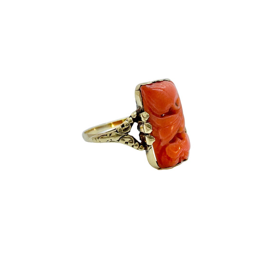 Knud Georg Jensen, Denmark Antique Art Nouveau 14k Gold Carved Coral Ring.