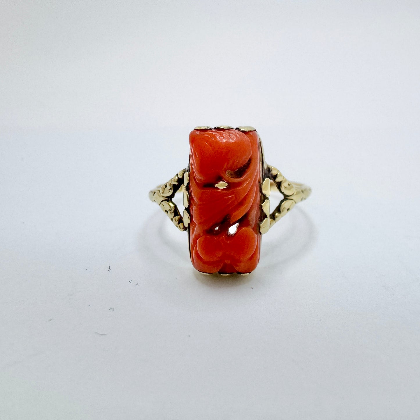 Knud Georg Jensen, Denmark Antique Art Nouveau 14k Gold Carved Coral Ring.