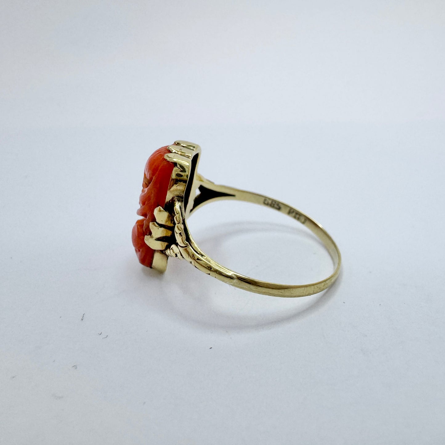 Knud Georg Jensen, Denmark Antique Art Nouveau 14k Gold Carved Coral Ring.