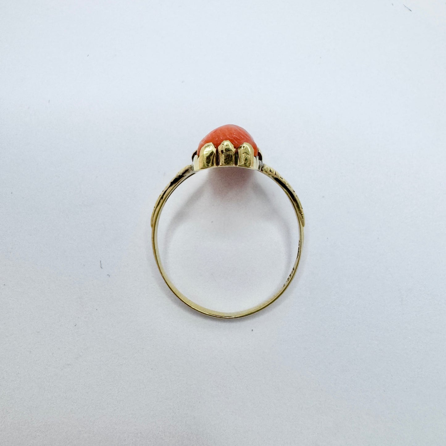 Knud Georg Jensen, Denmark Antique Art Nouveau 14k Gold Carved Coral Ring.