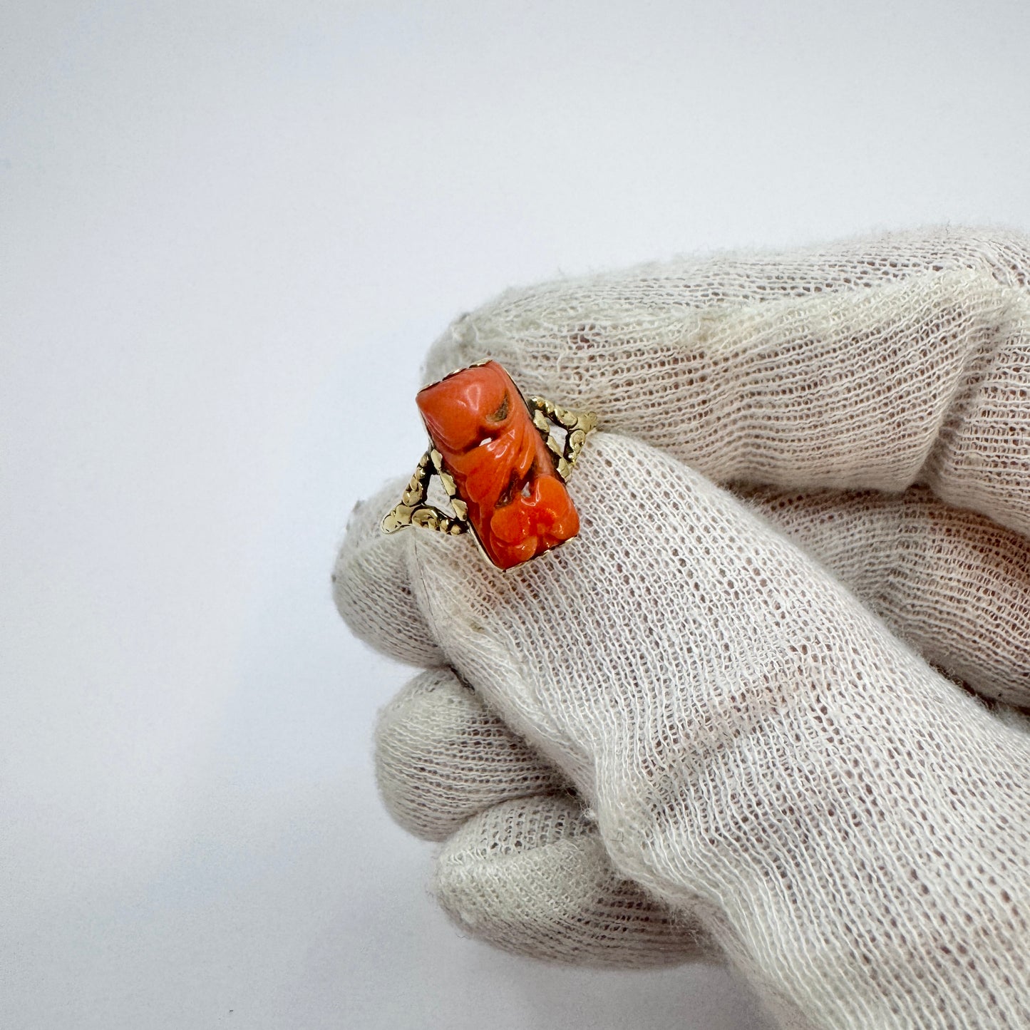 Knud Georg Jensen, Denmark Antique Art Nouveau 14k Gold Carved Coral Ring.