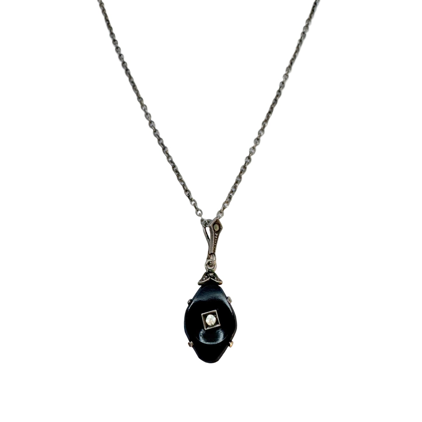 Antique c 1900. Solid Silver French Jet Paste Marcasite Pendant Necklace.