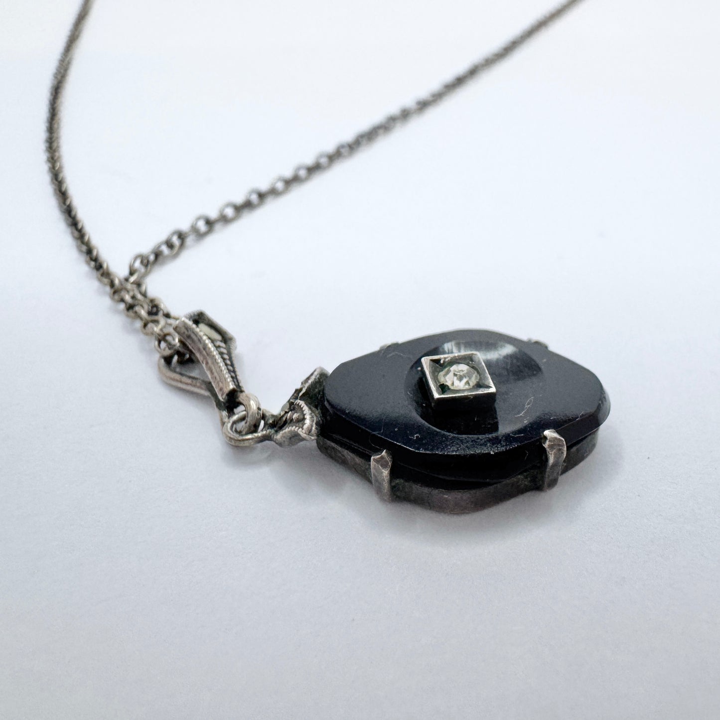 Antique c 1900. Solid Silver French Jet Paste Marcasite Pendant Necklace.