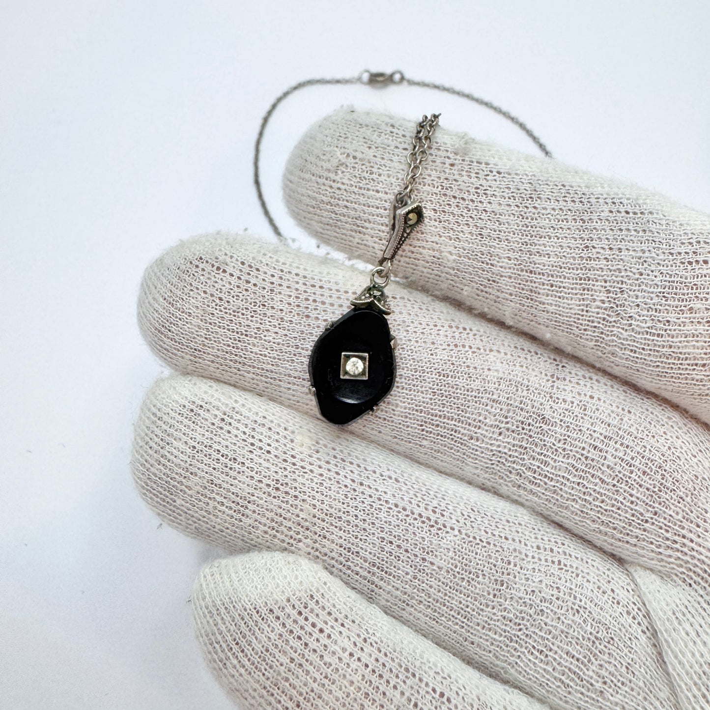 Antique c 1900. Solid Silver French Jet Paste Marcasite Pendant Necklace.