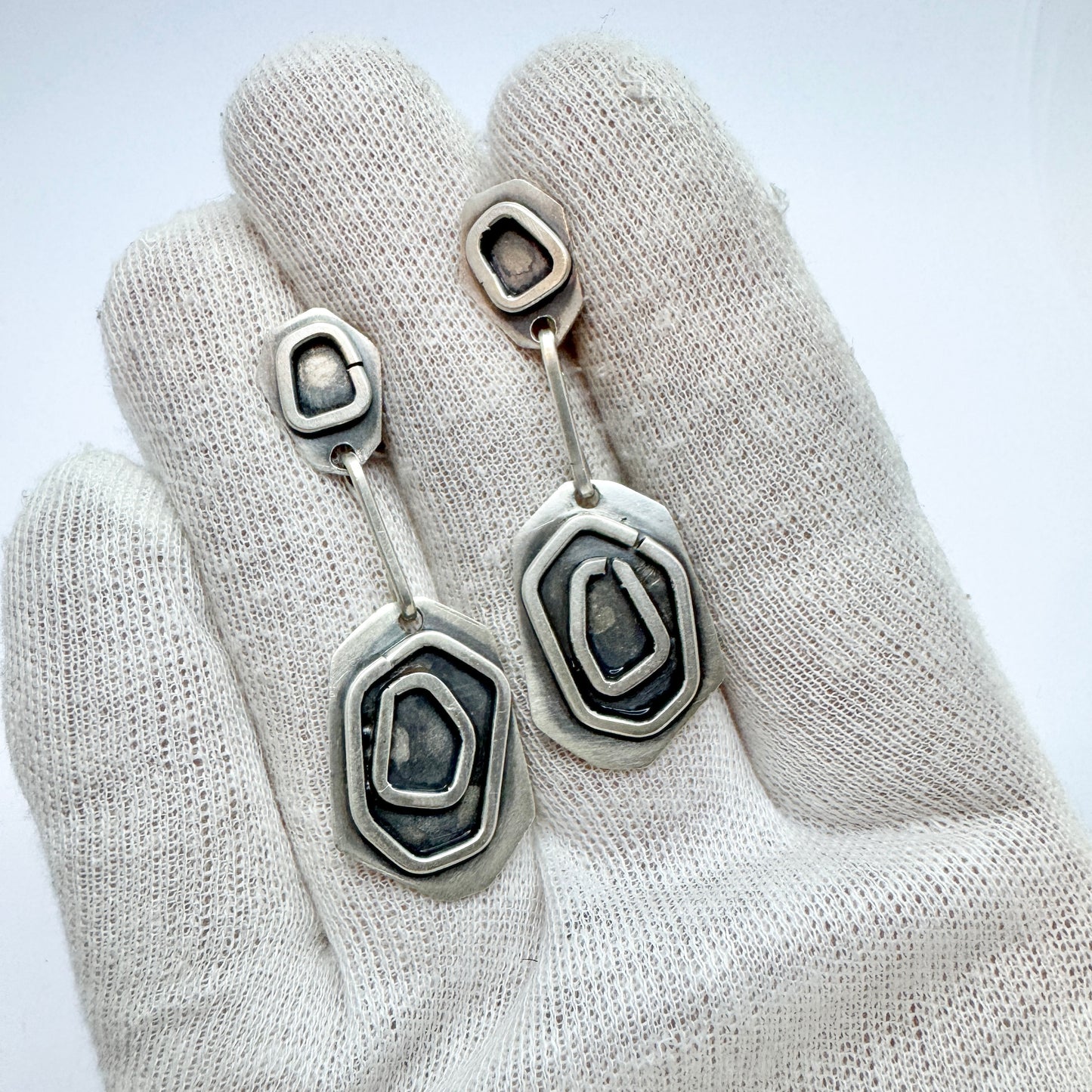 JE Skerfe, Sweden 1953. Vintage Mid-Century Modern Solid Silver Large Dangle Earrings.