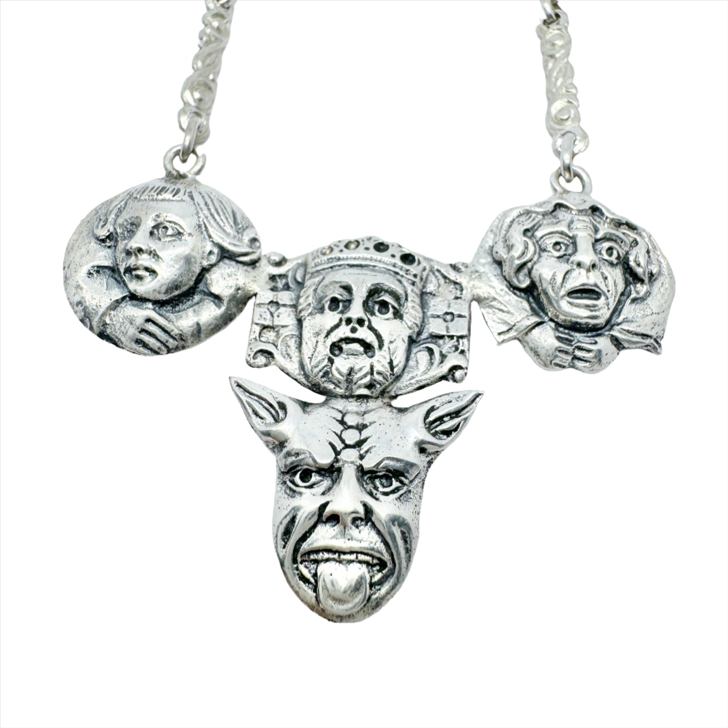 C&S, Norway c year 1900. Antique Solid Silver Faces Pendant Necklace.