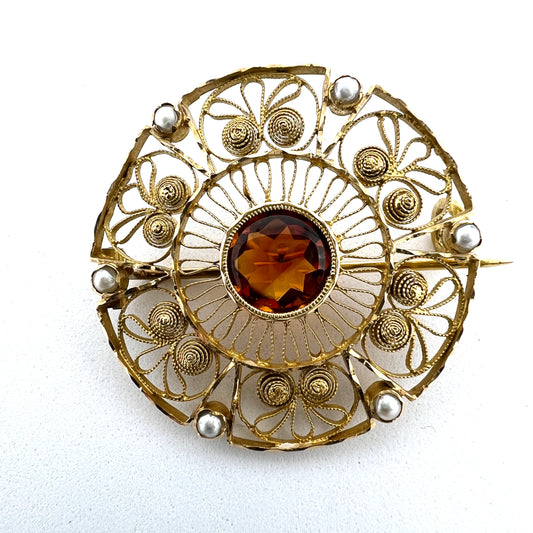 Kristensen, Sweden 1904 Antique Edwardian 18k Gold Garnet Seed Pearl Brooch.