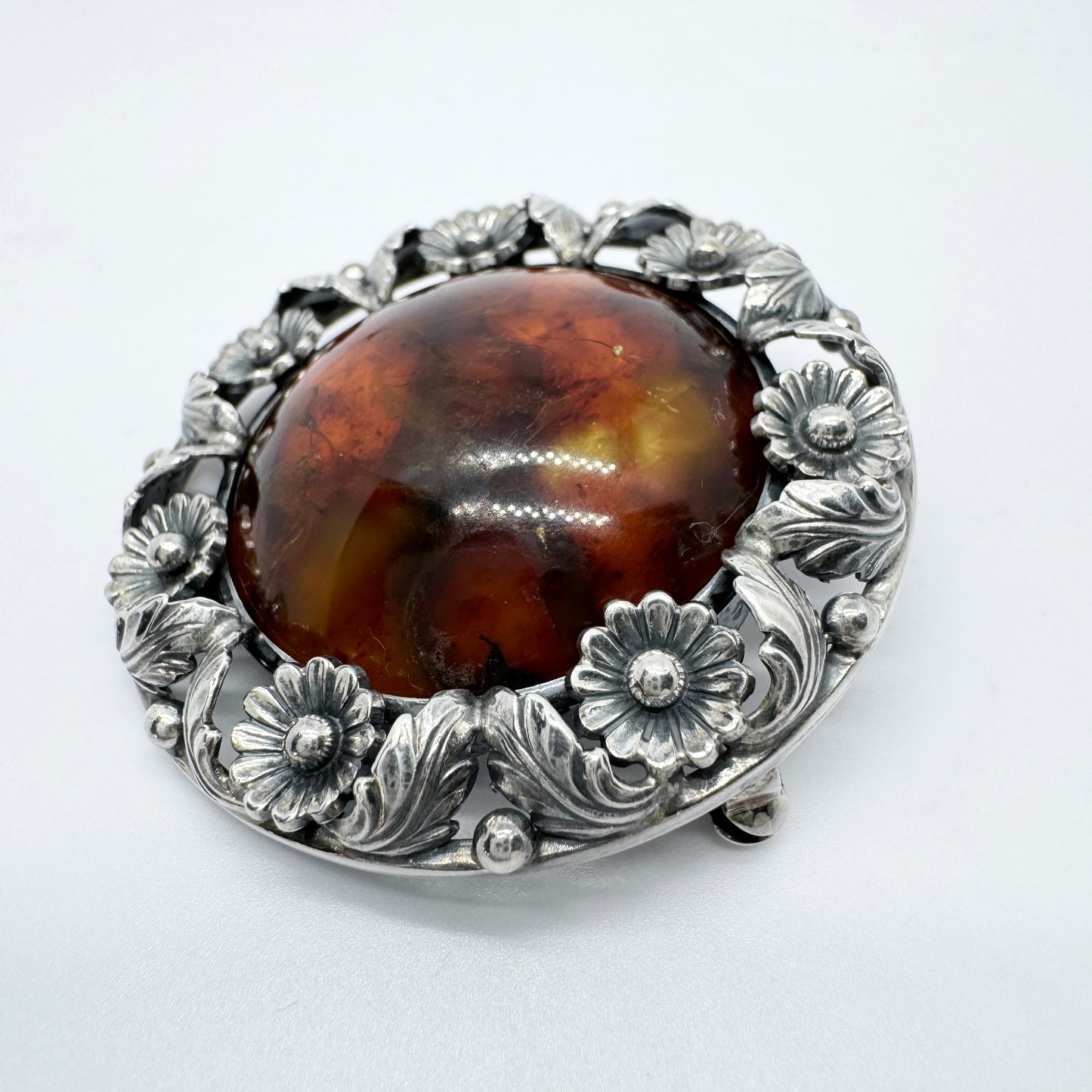 Niels Erik From, Denmark c 1950. Vintage Sterling Silver Amber Brooch.