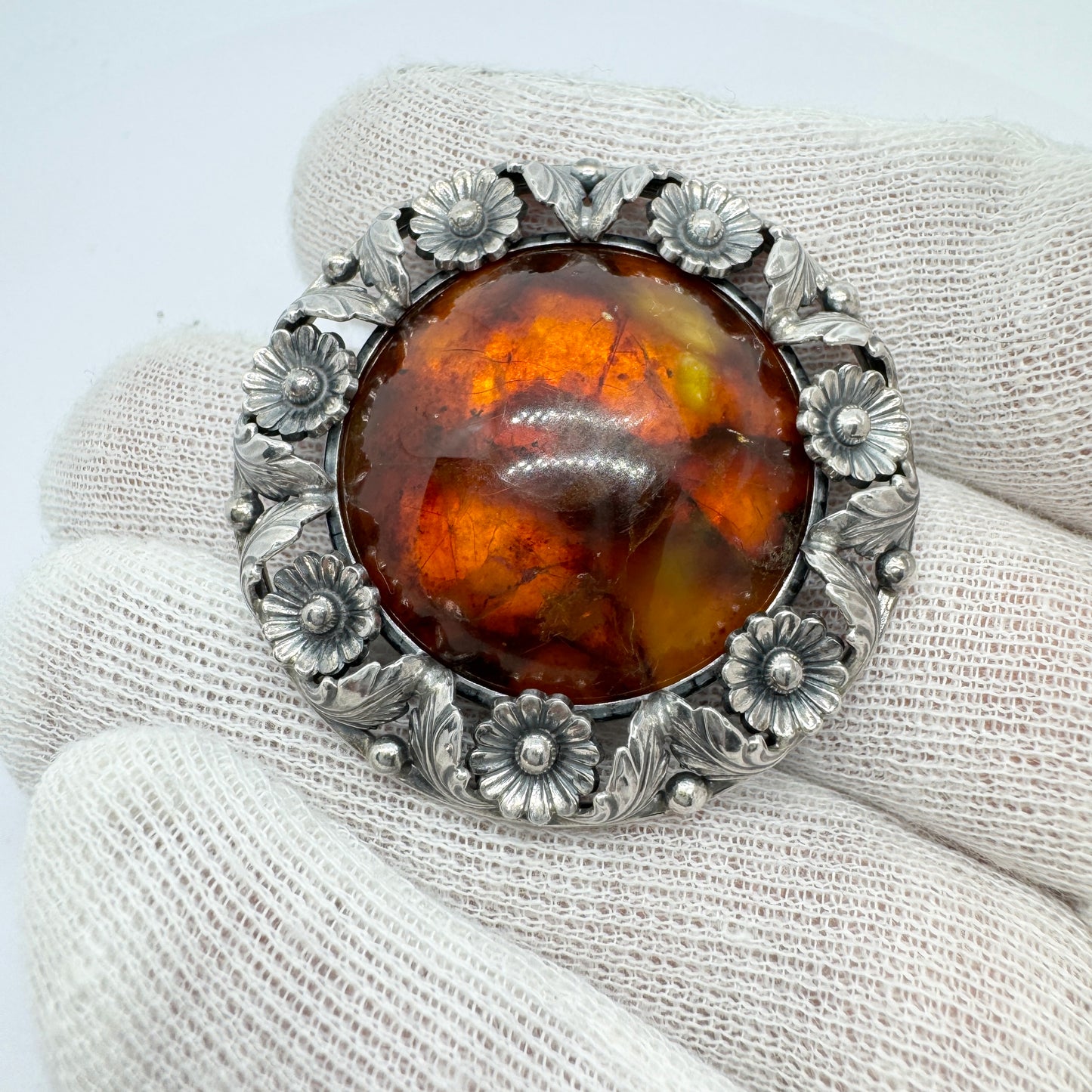 Niels Erik From, Denmark c 1950. Vintage Sterling Silver Amber Brooch.