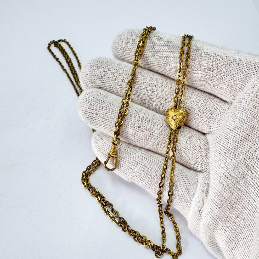 Antique Victorian Gold Doublé Sliding Heart 54 inch Longuard Chain Nec ...