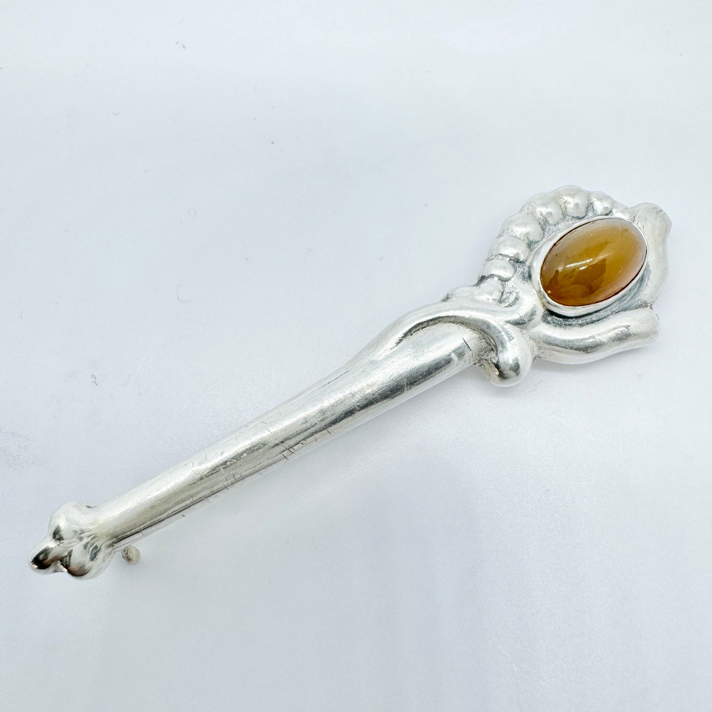 Bernhard Hertz, Denmark c 1910s. Antique Art Nouveau Solid Silver Amber Brooch Pin.