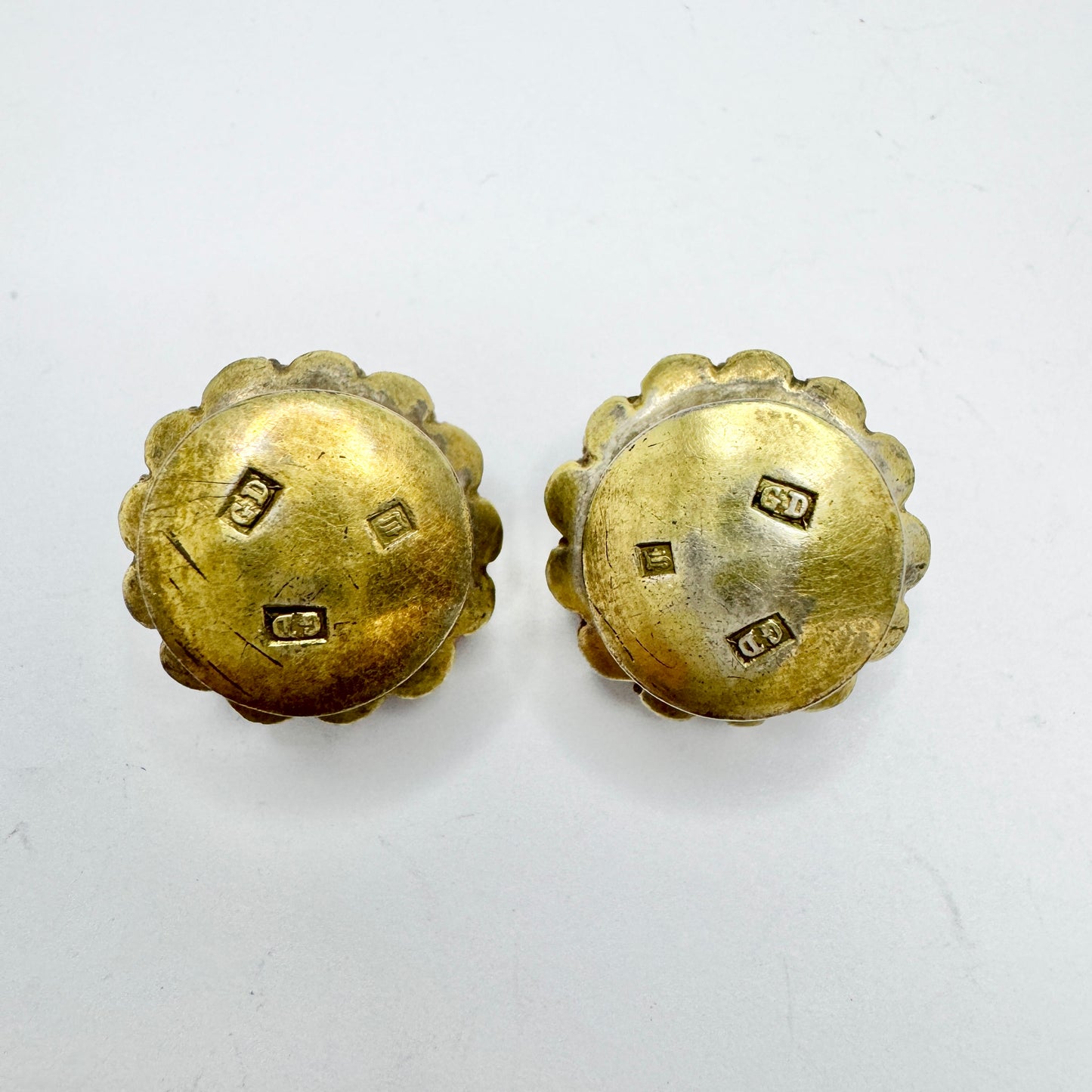 Gabriel Dahlberg, Sweden c 1860s Two Antique Solid Silver Buttons. (cufflinks or buttonhole brooch)