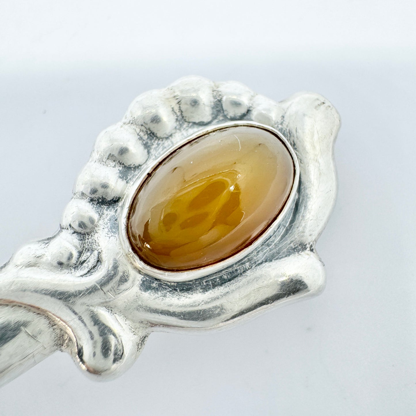 Bernhard Hertz, Denmark c 1910s. Antique Art Nouveau Solid Silver Amber Brooch Pin.