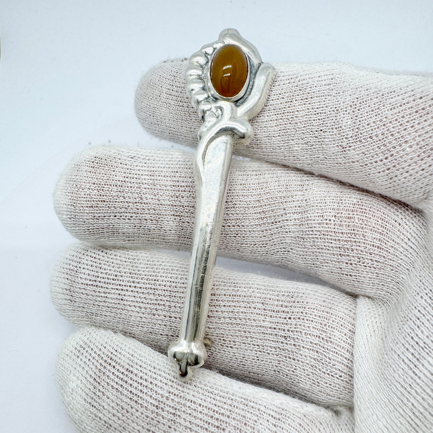 Bernhard Hertz, Denmark c 1910s. Antique Art Nouveau Solid Silver Amber Brooch Pin.