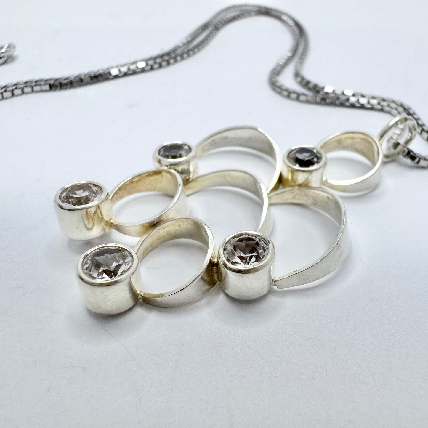 Salovaara, Finland 1970s. Vintage Sterling Silver Rock Crystal Pendant + Chain.