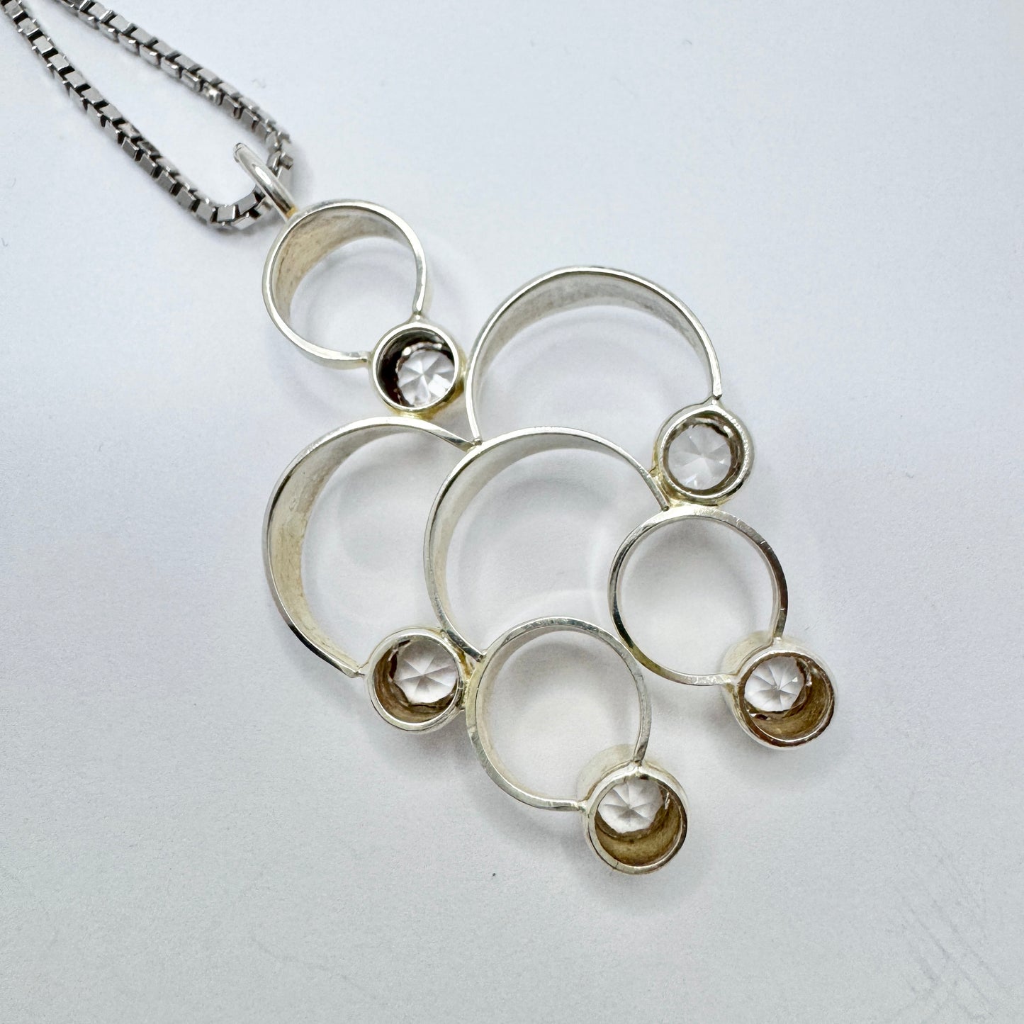 Salovaara, Finland 1970s. Vintage Sterling Silver Rock Crystal Pendant + Chain.