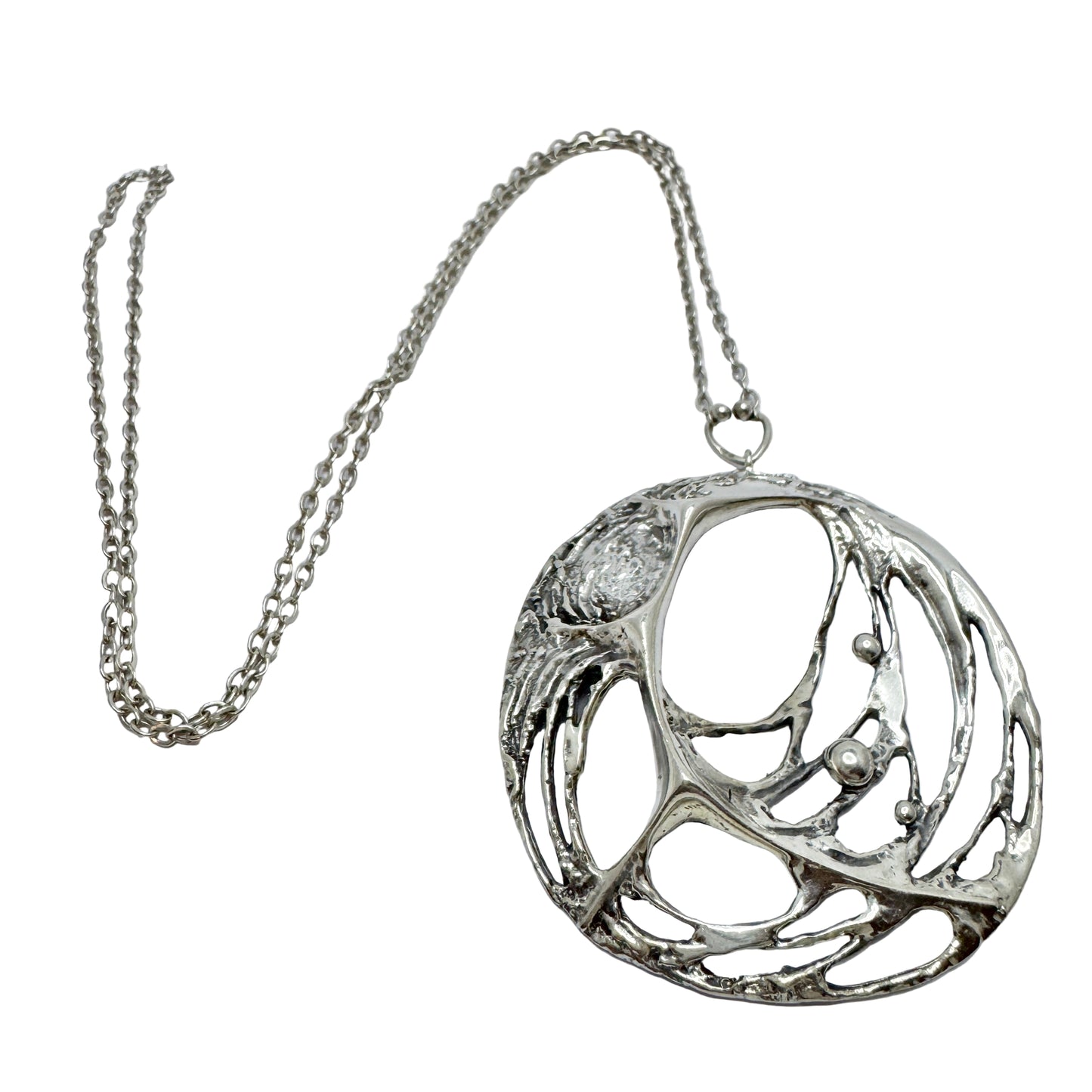 Sten & Laine, Finland 1974. Very Large Vintage Sterling Silver Spider Web Pendant Necklace.