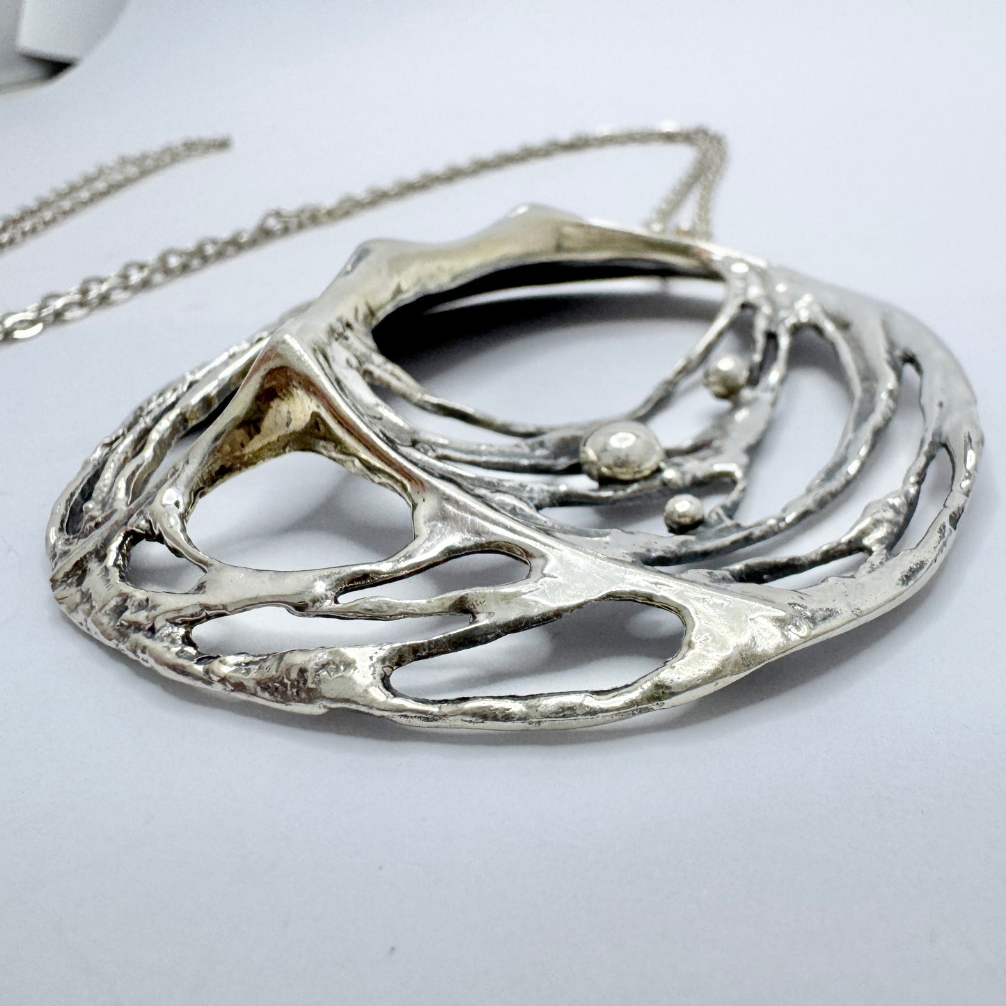 Sten & Laine, Finland 1974. Very Large Vintage Sterling Silver Spider Web Pendant Necklace.