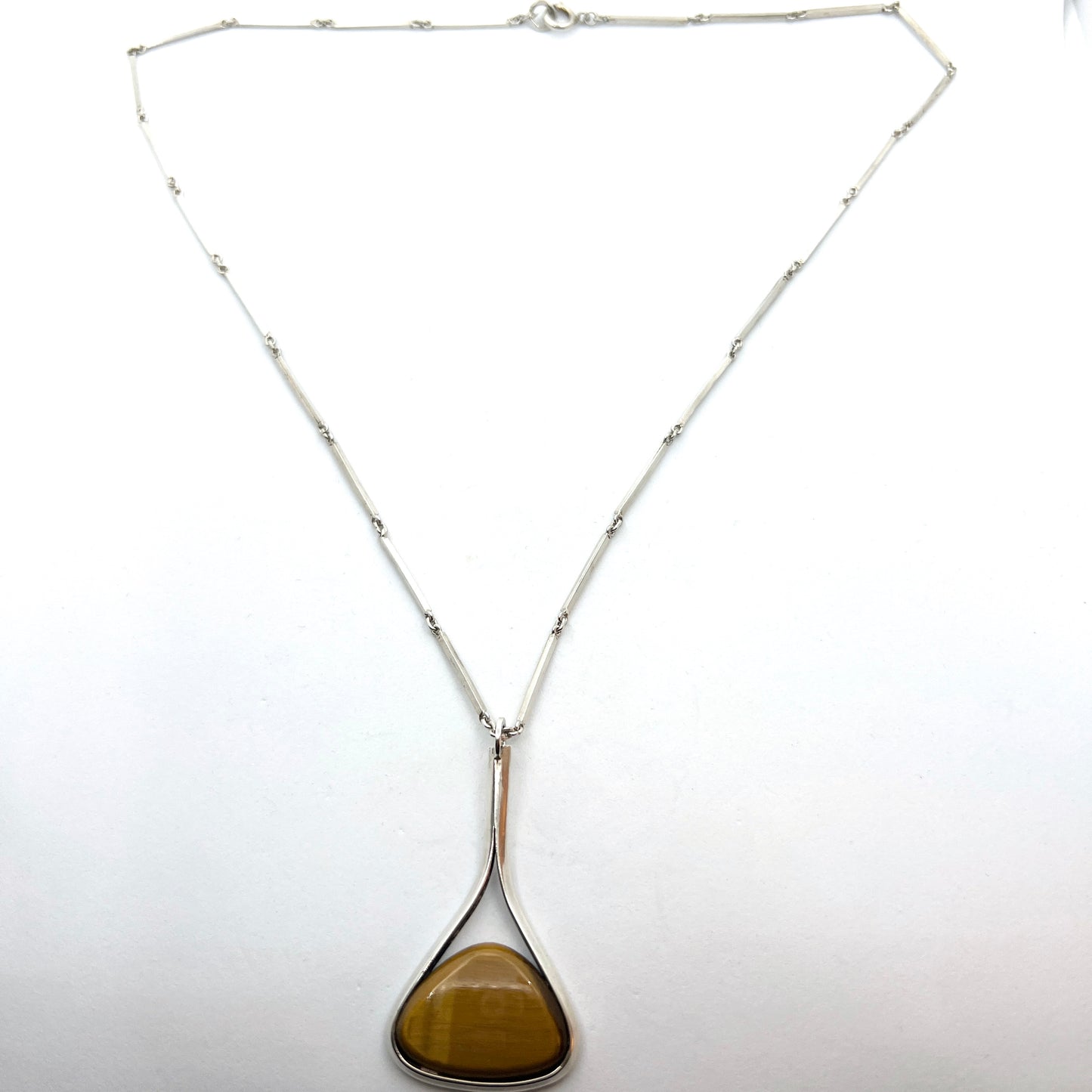 Sweden 1946. Vintage Solid Silver Tiger's Eye pendant Necklace.