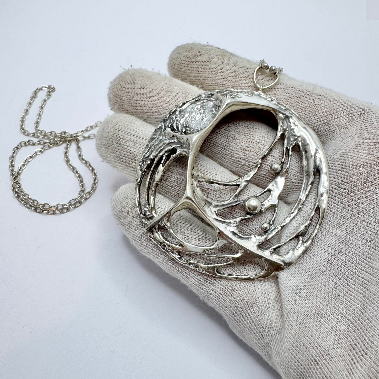 Sten & Laine, Finland 1974. Very Large Vintage Sterling Silver Spider Web Pendant Necklace.