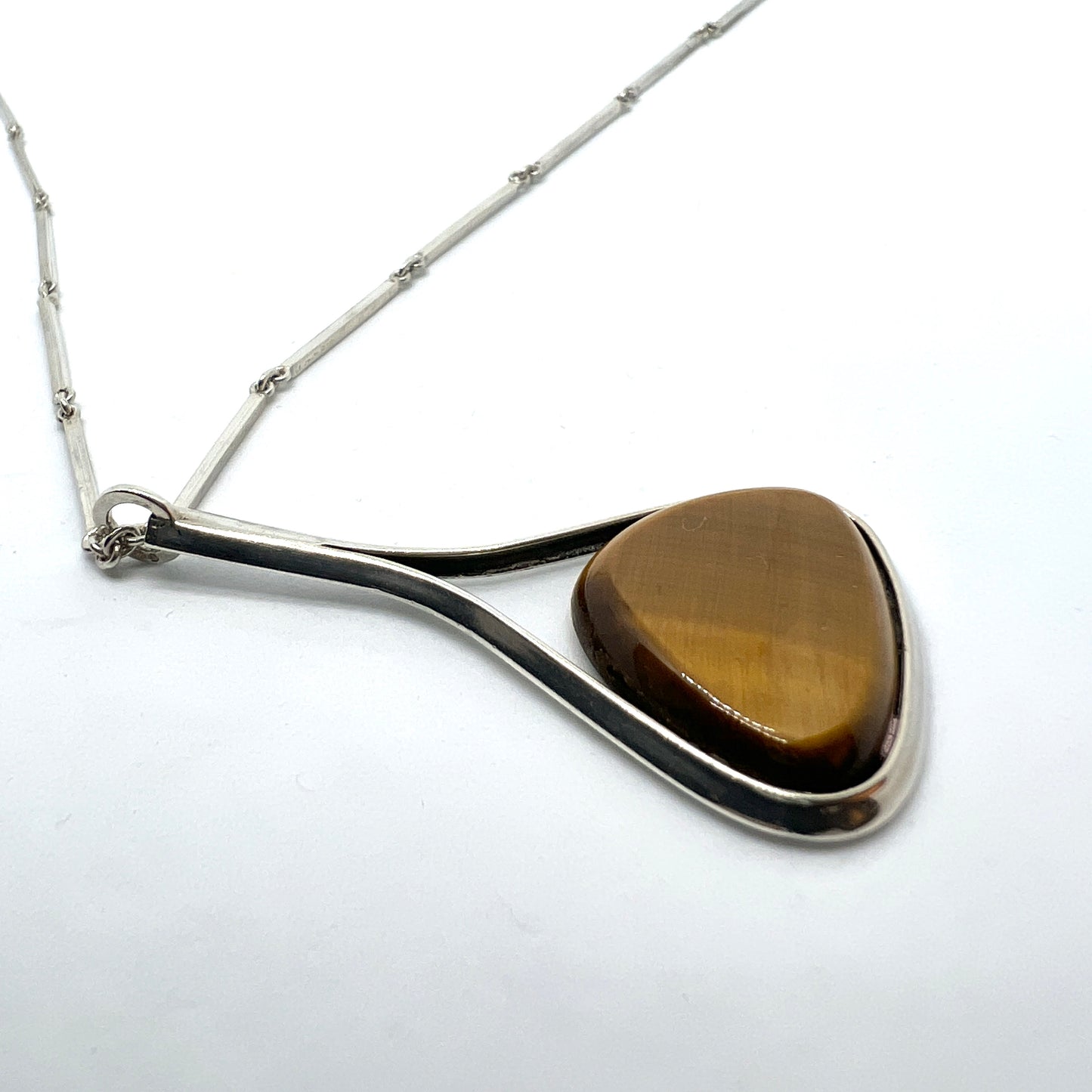 Sweden 1946. Vintage Solid Silver Tiger's Eye pendant Necklace.