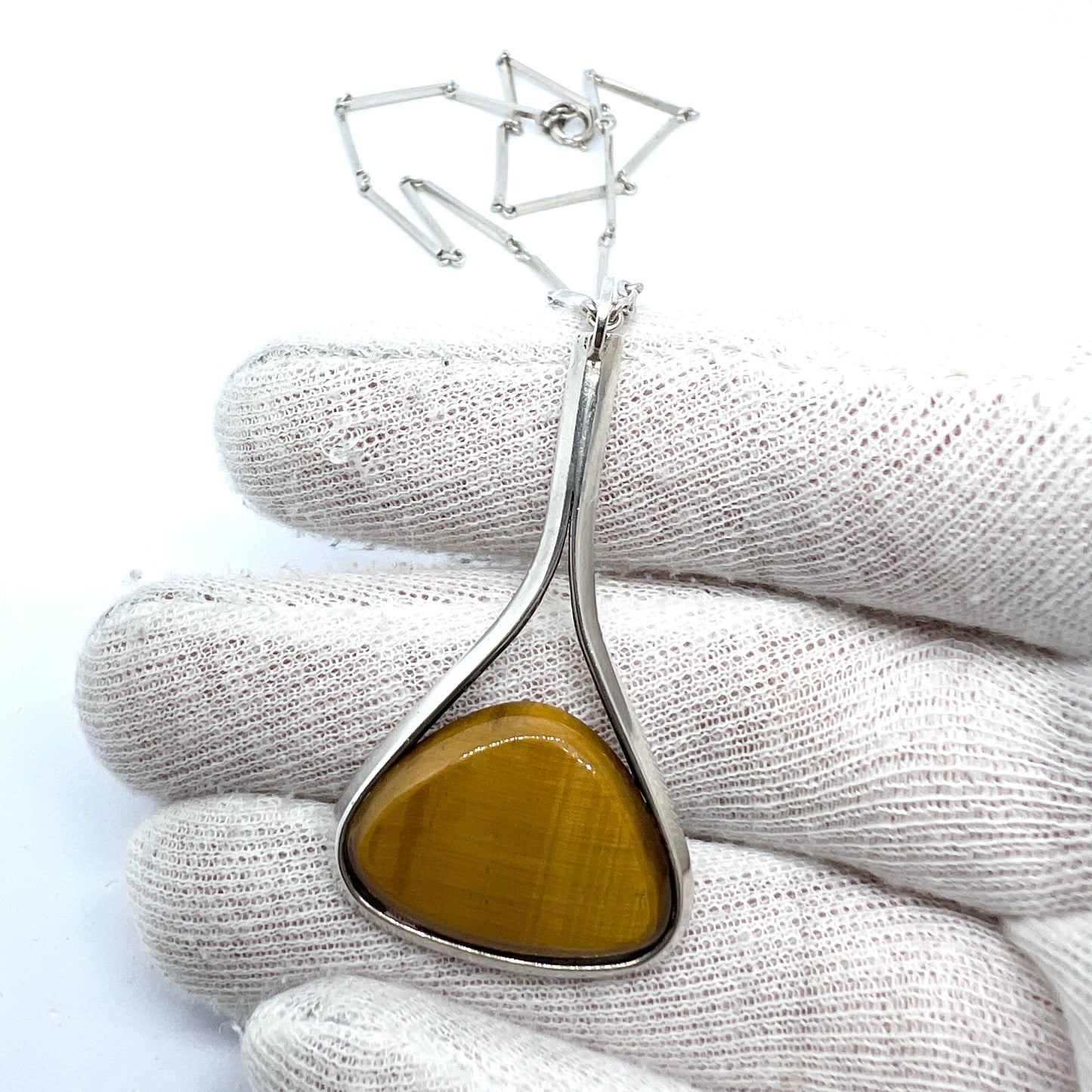 Sweden 1946. Vintage Solid Silver Tiger's Eye pendant Necklace.