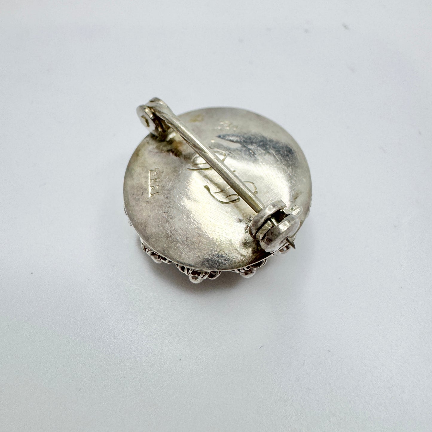 Håkan Lärka, Sweden 1850s. Antique Silver Paste Button Converted to Brooch.