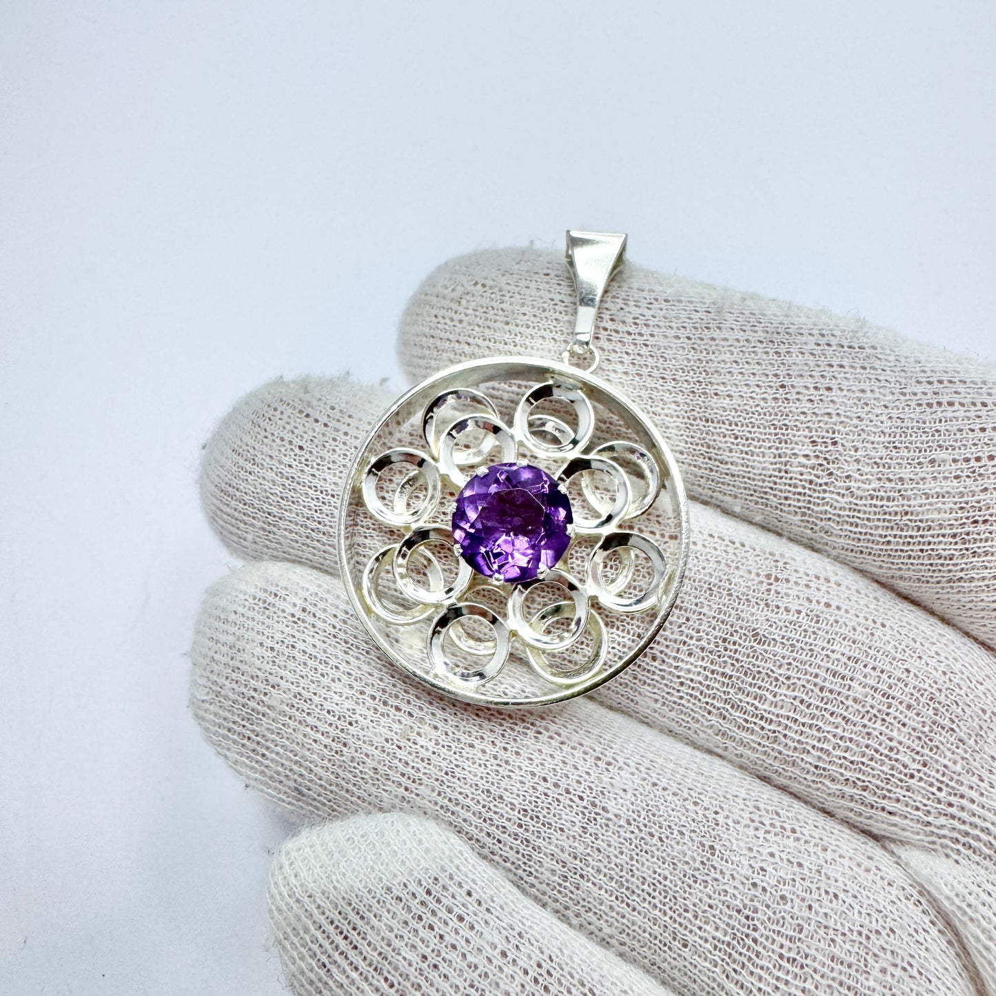 Salovaara, Finland c 1970. Vintage Sterling Silver Amethyst Pendant.