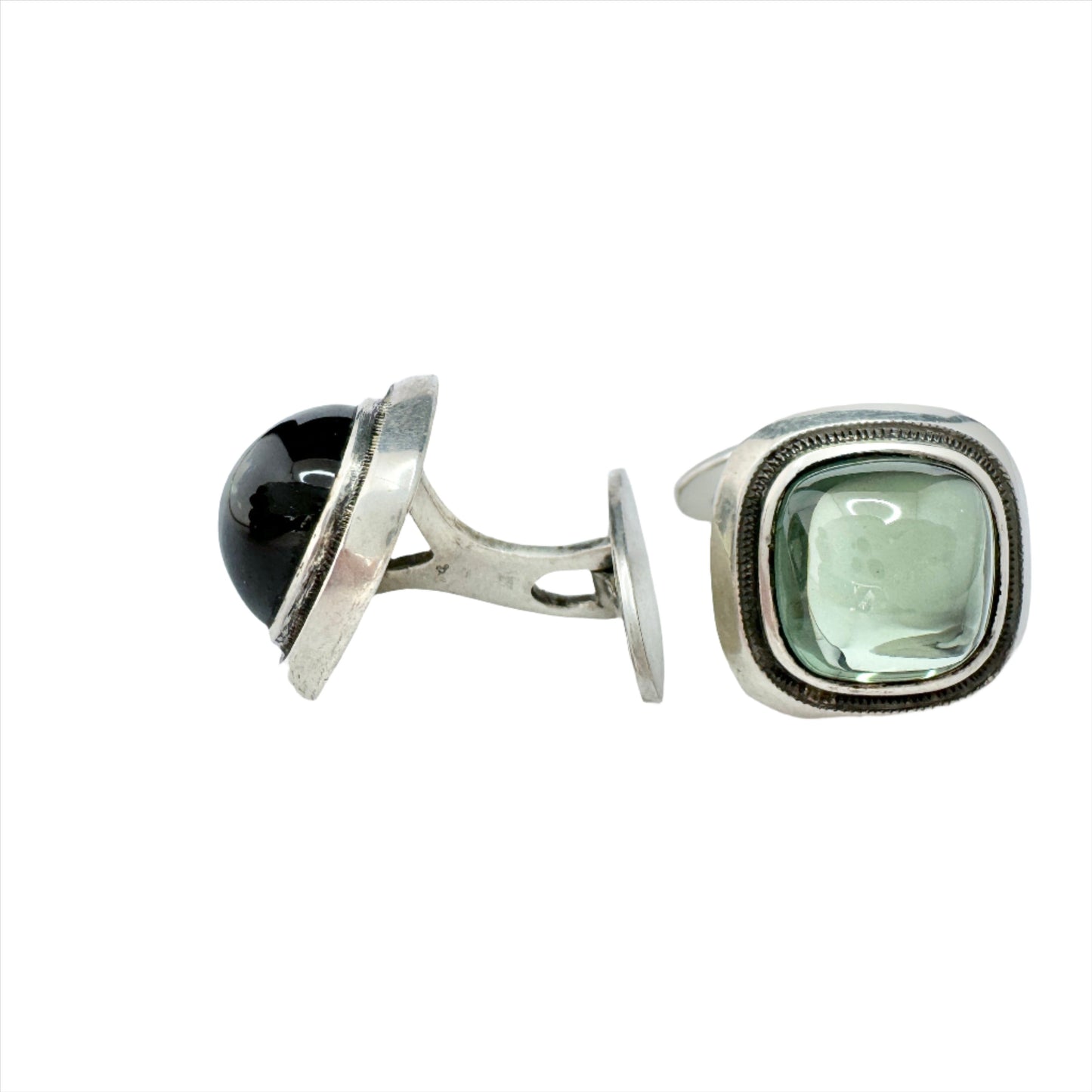 Sweden c 1950s. Vintage Solid Silver Green Paste Stone Cufflinks.