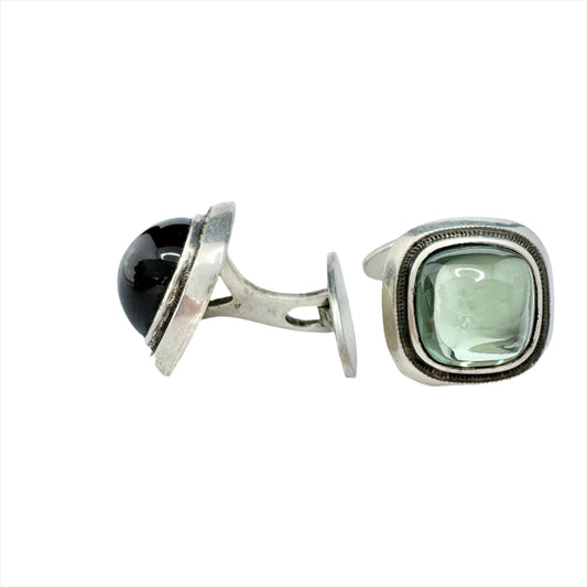 Sweden c 1950s. Vintage Solid Silver Green Paste Stone Cufflinks.