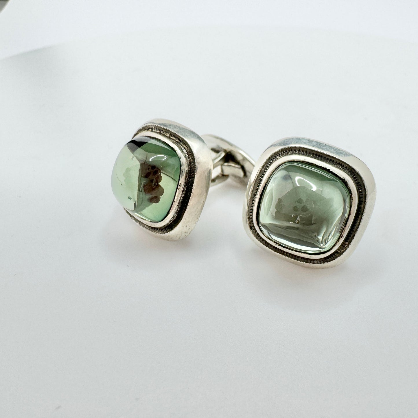 Sweden c 1950s. Vintage Solid Silver Green Paste Stone Cufflinks.